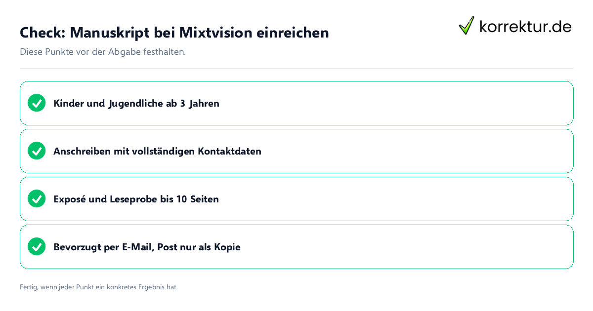 Check: Manuskript bei Mixtvision einreichen Manuskript bei Mixtvision einreichen: Prüfliste mit vier Punkten