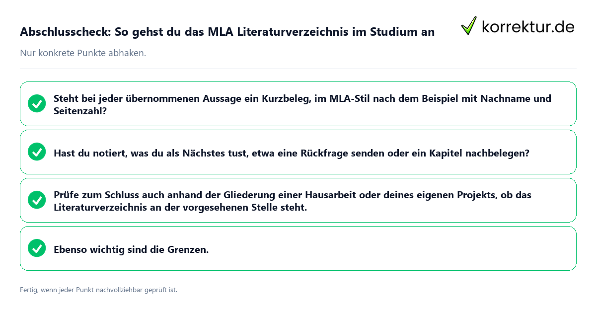 Konkreter Abschlusscheck zu So gehst du das MLA Literaturverzeichnis im Studium an