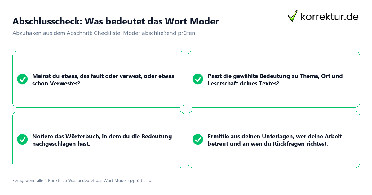Konkreter Abschlusscheck zu Was bedeutet das Wort Moder