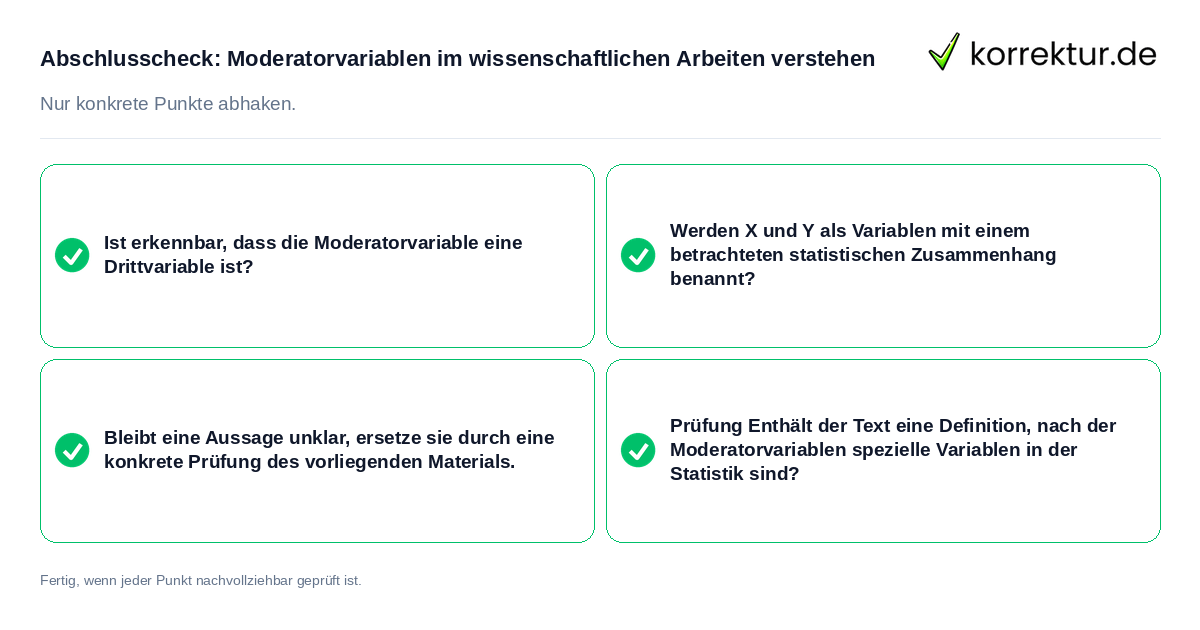 Abschlusscheck: Moderatorvariablen im wissenschaftlichen Arbeiten verstehen Konkreter Abschlusscheck zu Moderatorvariablen im wissenschaftlichen Arbeiten verstehen