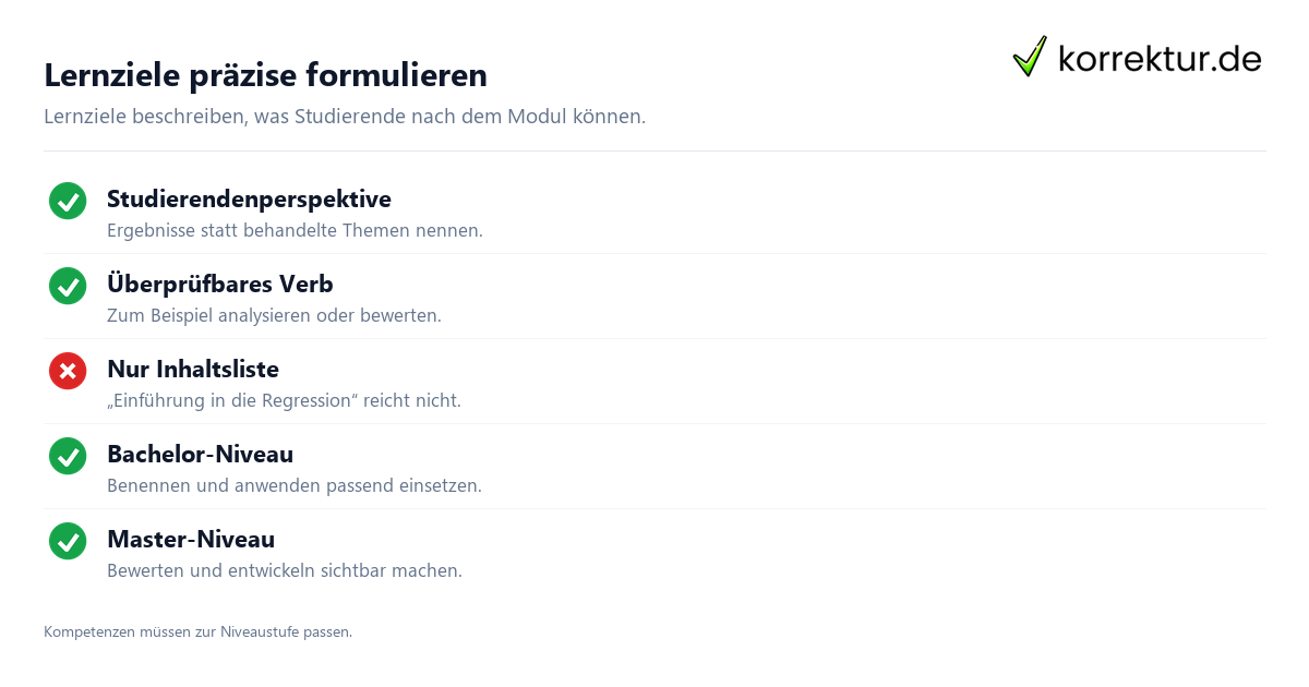Modulbeschreibung schreiben: Lernziele und Prüfungsform prüfen