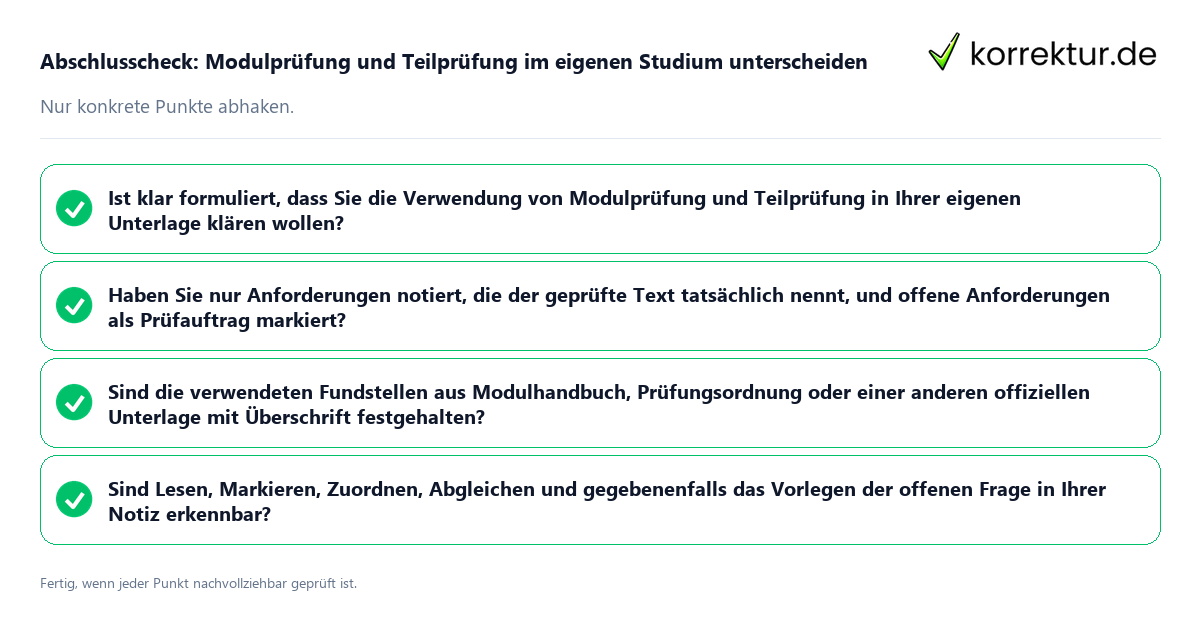 Konkreter Abschlusscheck zu Modulprüfung und Teilprüfung im eigenen Studium unterscheiden