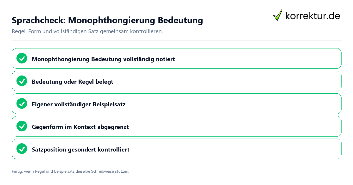 Konkreter Sprachcheck zu Monophthongierung Bedeutung mit Regel und vollständigem Beispielsatz