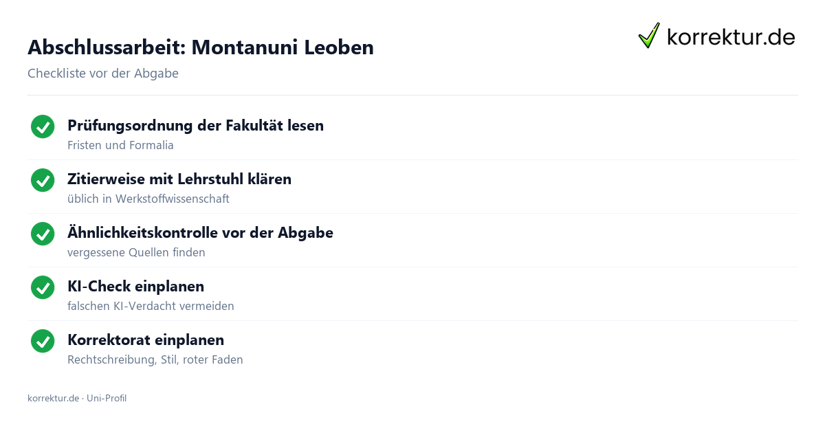 Abschlussarbeit an der Montanuni Leoben, Checkliste zur Abgabe Abschlussarbeit Montanuni Leoben: Formalia, Zitierweise und Ähnlichkeitskontrolle vor der Abgabe