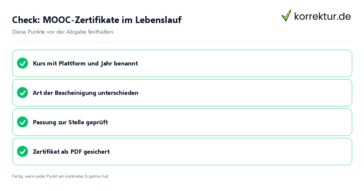 Check: MOOC-Zertifikate im Lebenslauf MOOC-Zertifikate im Lebenslauf: Prüfliste mit vier Punkten