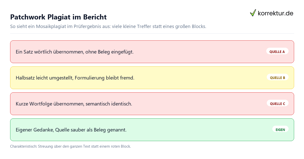 Mosaikplagiat Schema: Textbausteine aus vielen Quellen ergeben ein Patchwork Plagiat
