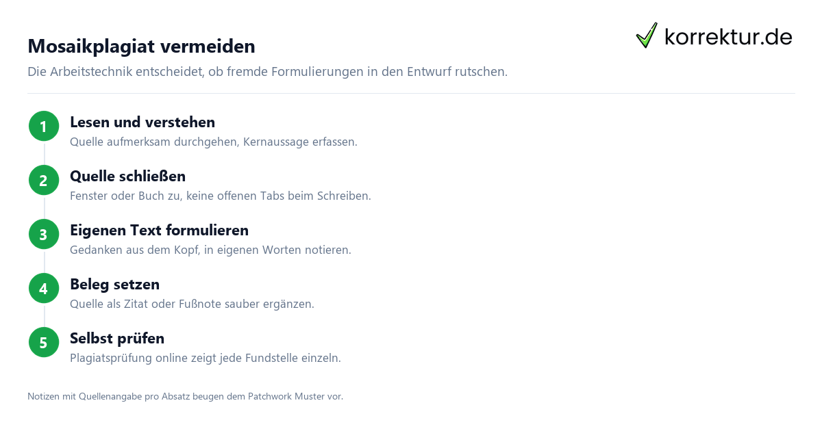 Mosaikplagiat vermeiden – Arbeitstechnik Mosaikplagiat vermeiden: Arbeitstechnik Quelle schliessen und eigenen Text formulieren