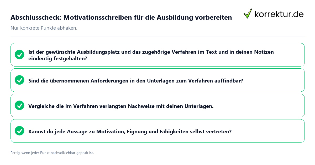Abschlusscheck: Motivationsschreiben für die Ausbildung vorbereiten Konkreter Abschlusscheck zu Motivationsschreiben für die Ausbildung vorbereiten