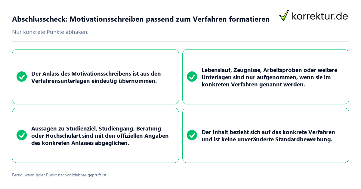 Konkreter Abschlusscheck zu Motivationsschreiben passend zum Verfahren formatieren