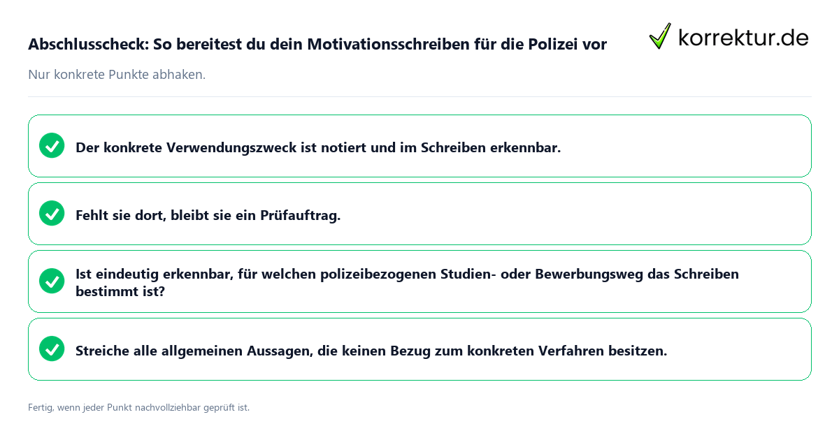 Konkreter Abschlusscheck zu So bereitest du dein Motivationsschreiben für die Polizei vor