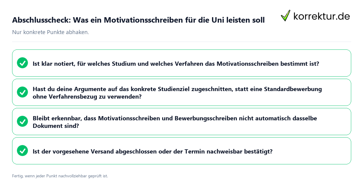 Konkreter Abschlusscheck zu Was ein Motivationsschreiben für die Uni leisten soll