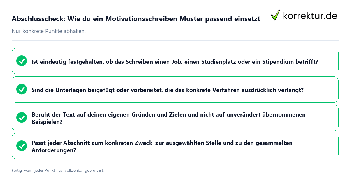 Konkreter Abschlusscheck zu Wie du ein Motivationsschreiben Muster passend einsetzt
