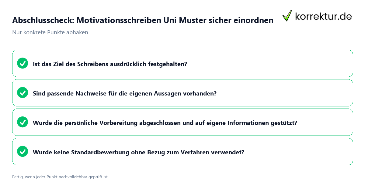 Konkreter Abschlusscheck zu Motivationsschreiben Uni Muster sicher einordnen