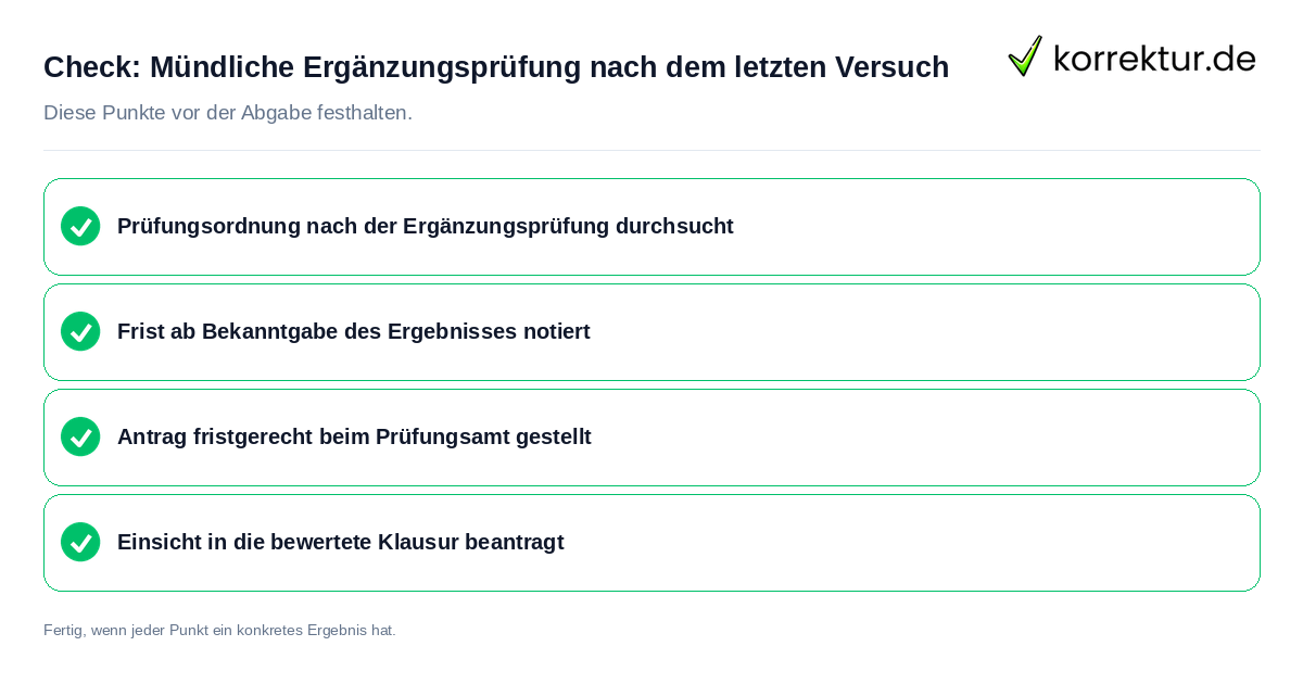Mündliche Ergänzungsprüfung nach dem letzten Versuch: Prüfliste mit vier Punkten