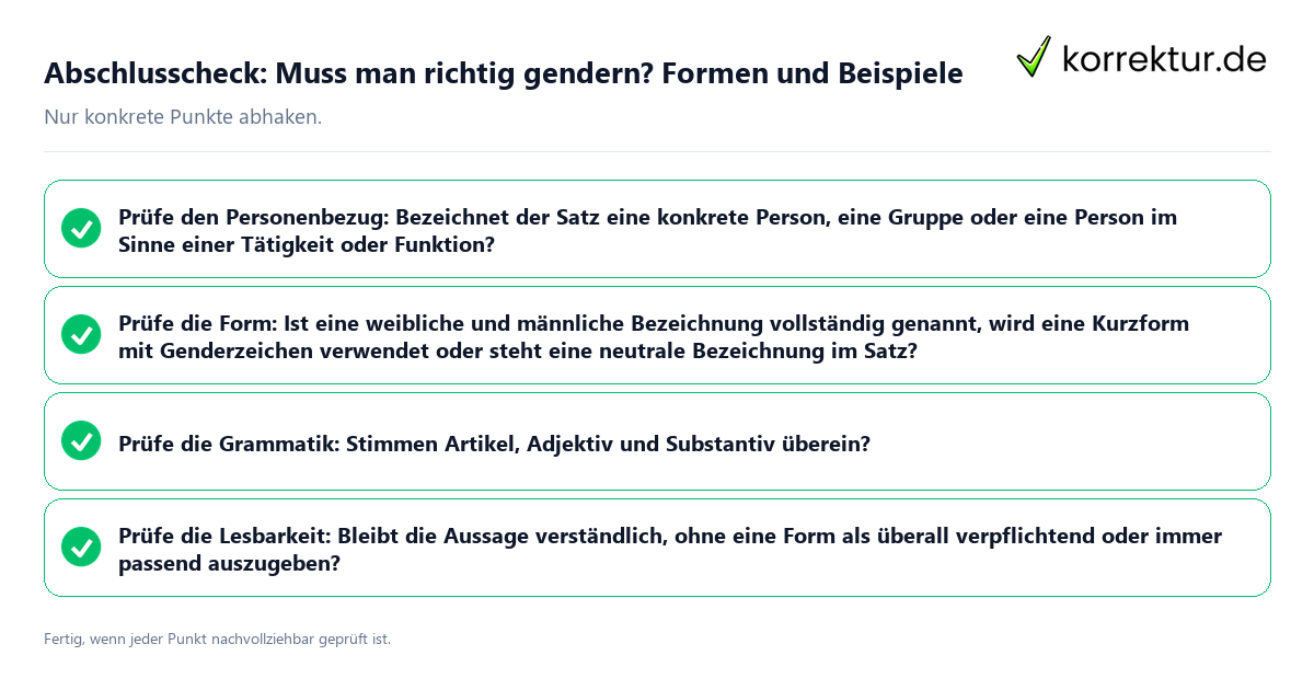 Abschlusscheck: Muss man richtig gendern? Formen und Beispiele Konkreter Abschlusscheck zu Muss man richtig gendern? Formen und Beispiele