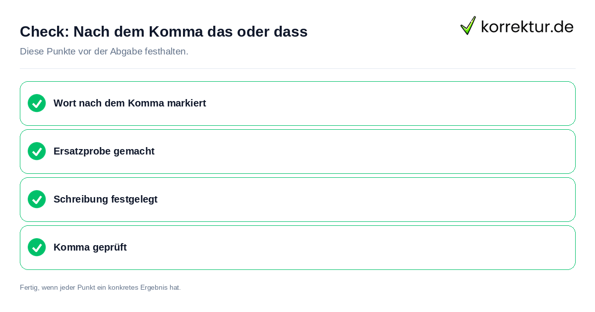 Check: Nach dem Komma das oder dass Nach dem Komma das oder dass: Prüfliste mit vier Punkten