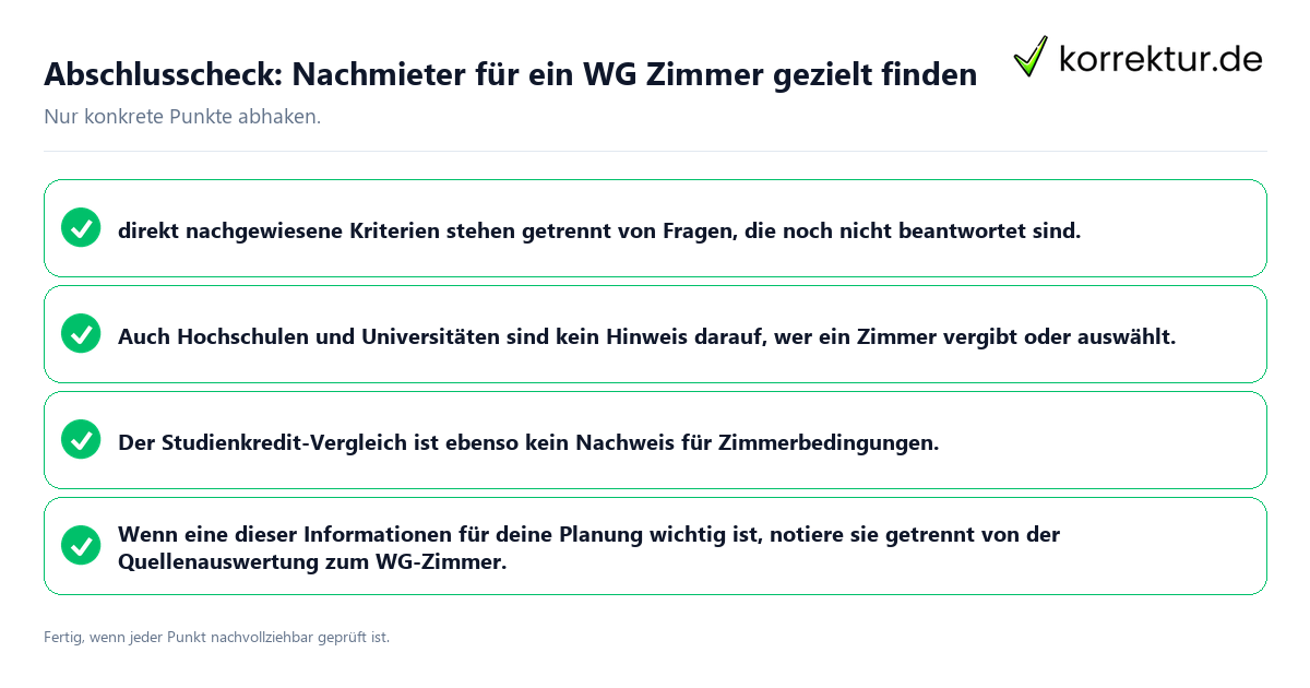 Konkreter Abschlusscheck zu Nachmieter für ein WG Zimmer gezielt finden