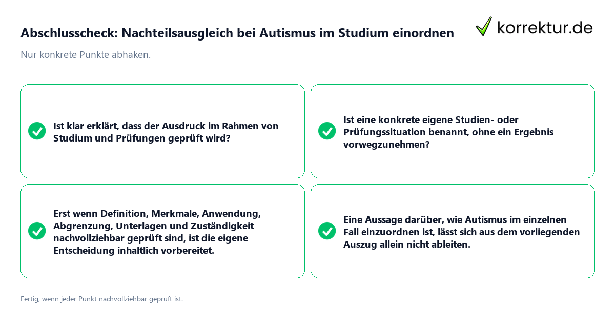 Konkreter Abschlusscheck zu Nachteilsausgleich bei Autismus im Studium einordnen