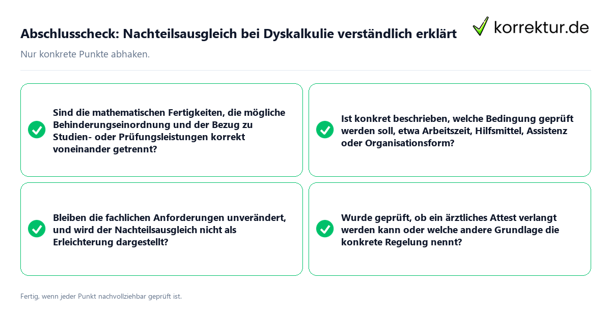 Konkreter Abschlusscheck zu Nachteilsausgleich bei Dyskalkulie verständlich erklärt