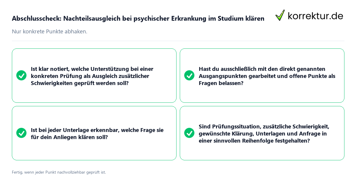 Konkreter Abschlusscheck zu Nachteilsausgleich bei psychischer Erkrankung im Studium klären