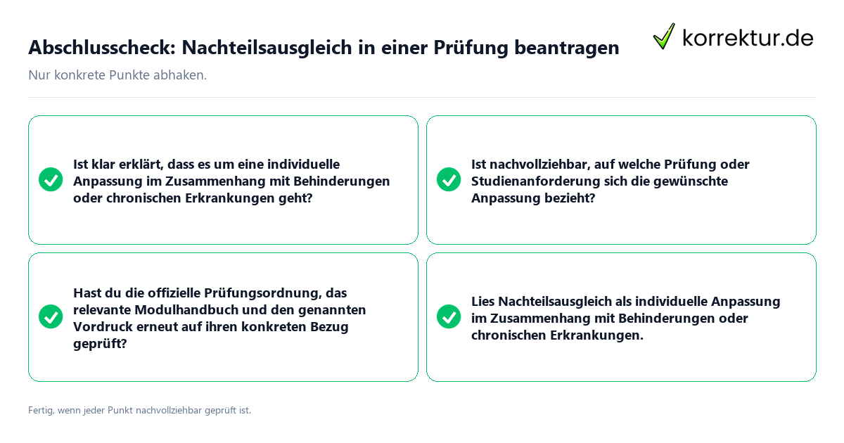 Abschlusscheck: Nachteilsausgleich in einer Prüfung beantragen Konkreter Abschlusscheck zu Nachteilsausgleich in einer Prüfung beantragen
