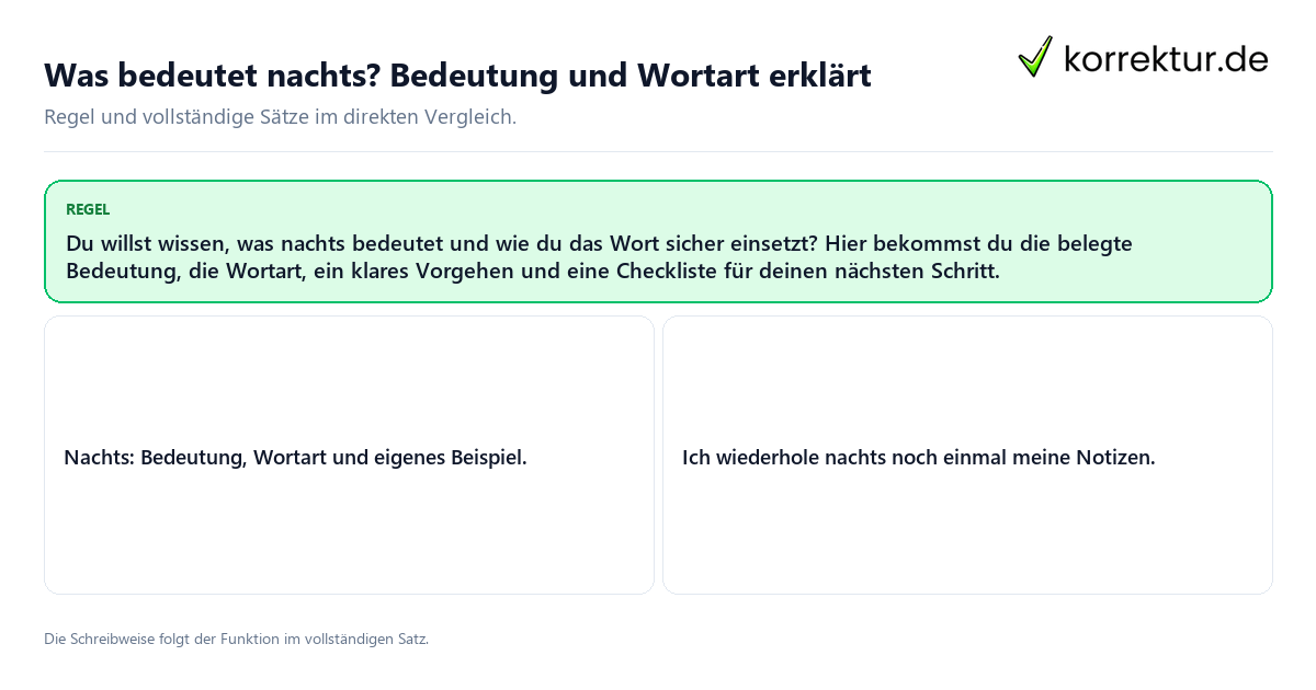 Konkrete Regel und vollständige Beispielsätze zu Was bedeutet nachts? Bedeutung und Wortart erklärt