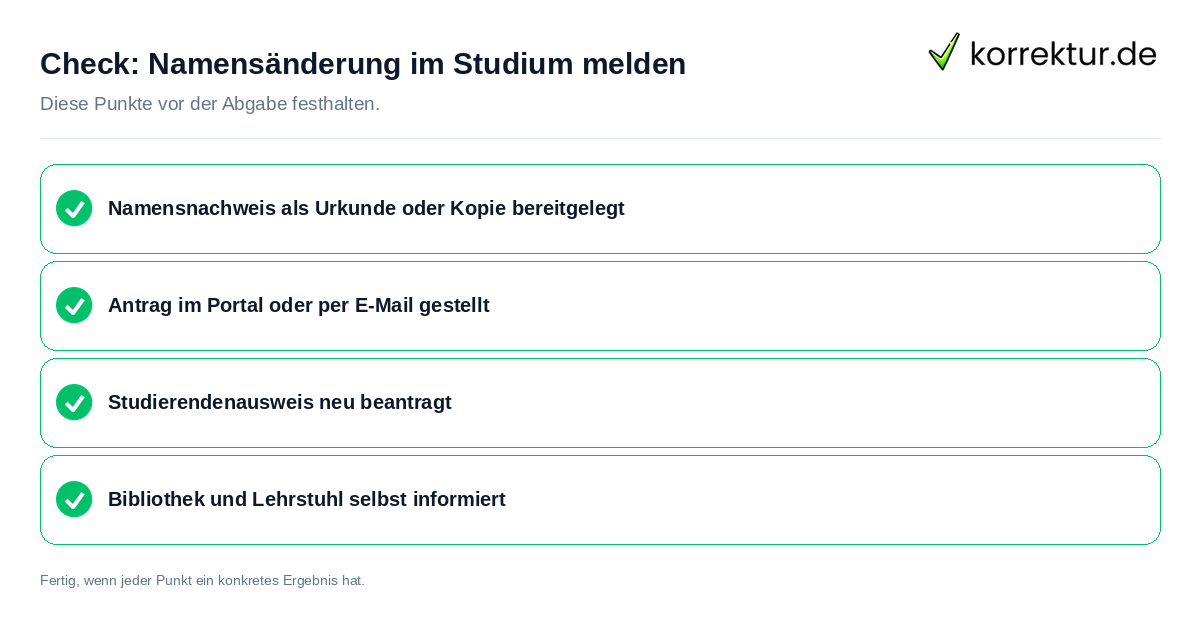 Namensänderung im Studium melden: Prüfliste mit vier Punkten
