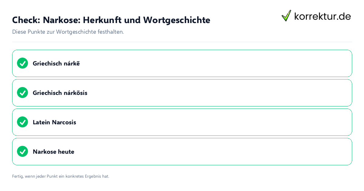 Narkose: Herkunft und Wortgeschichte: Prüfliste mit vier Punkten