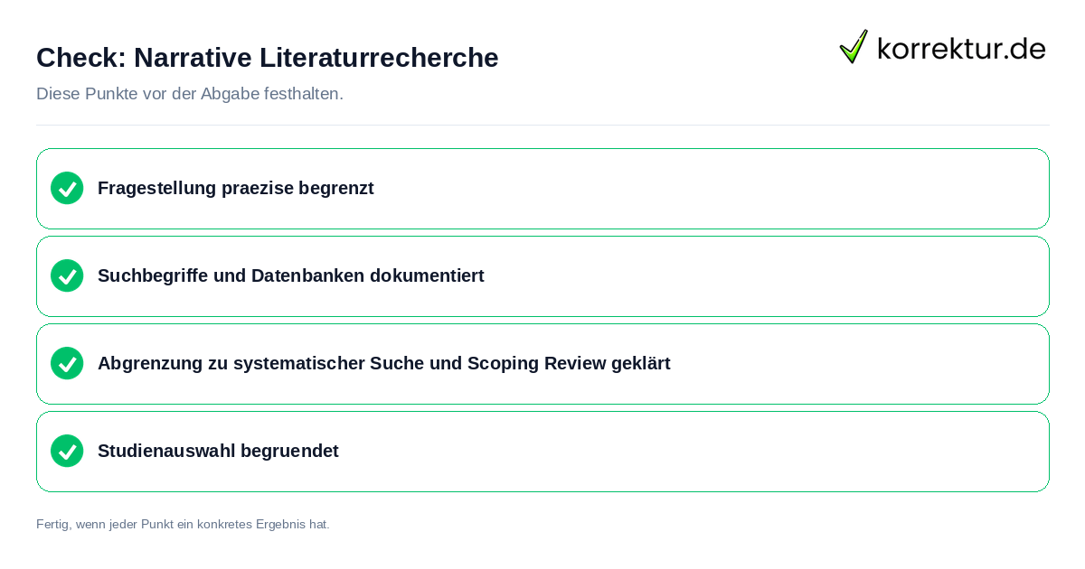 Narrative Literaturrecherche: Prüfliste mit vier Punkten