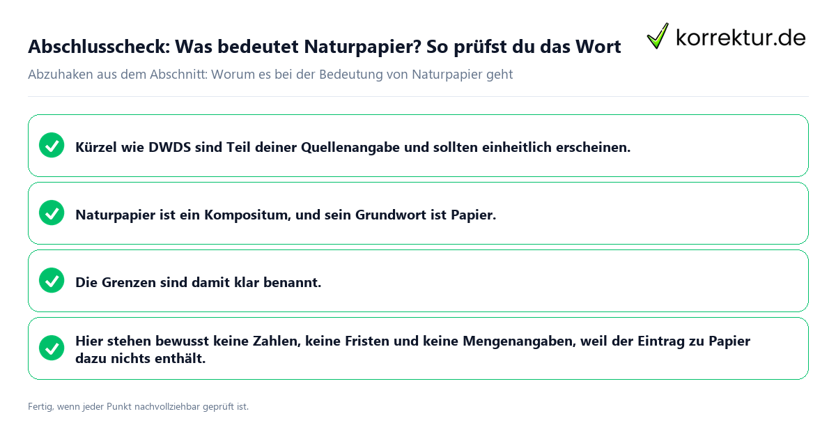 Konkreter Abschlusscheck zu Was bedeutet Naturpapier? So prüfst du das Wort