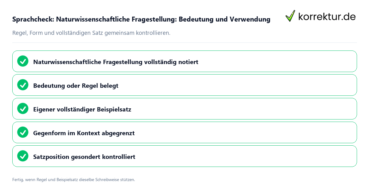 Konkreter Sprachcheck zu Naturwissenschaftliche Fragestellung: Bedeutung und Verwendung mit Regel und vollständigem Beispielsatz