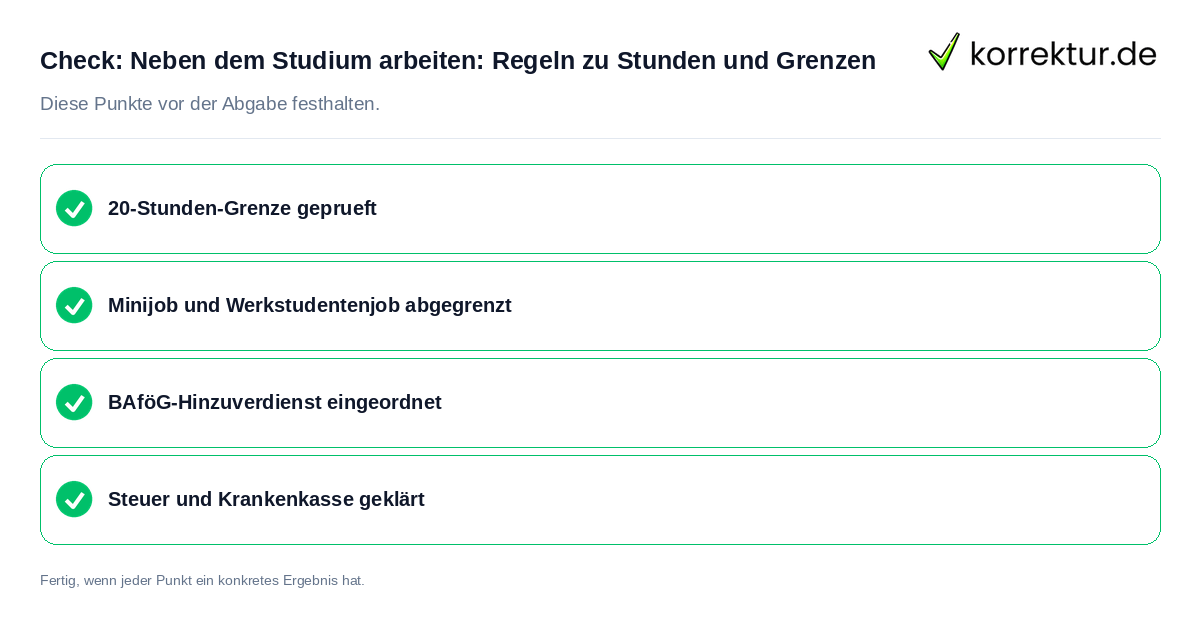 Neben dem Studium arbeiten: Regeln zu Stunden und Grenzen: Prüfliste mit vier Punkten