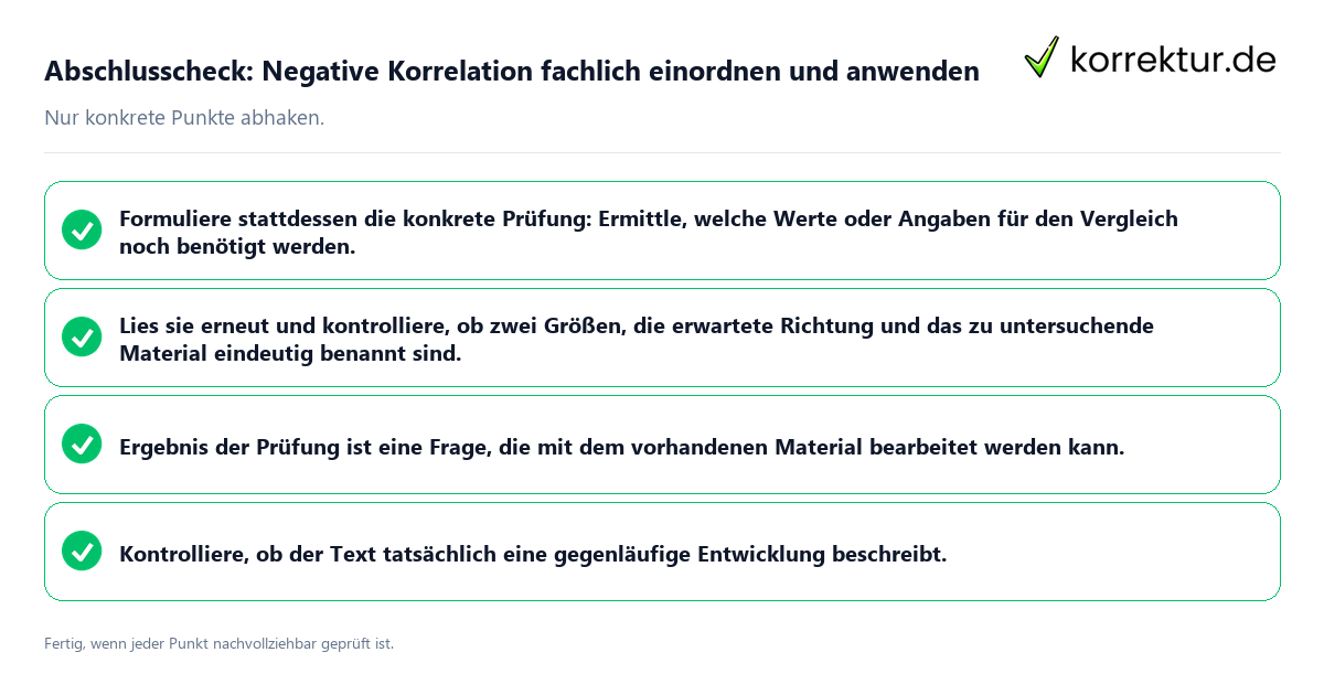 Konkreter Abschlusscheck zu Negative Korrelation fachlich einordnen und anwenden