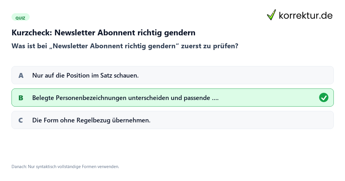 Newsletter Abonnent richtig gendern mit einem Kurzquiz zum sinnvollen nächsten Schritt