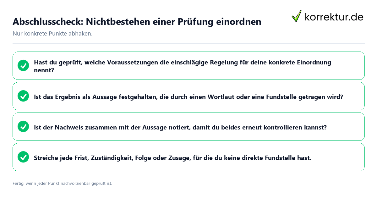 Konkreter Abschlusscheck zu Nichtbestehen einer Prüfung einordnen