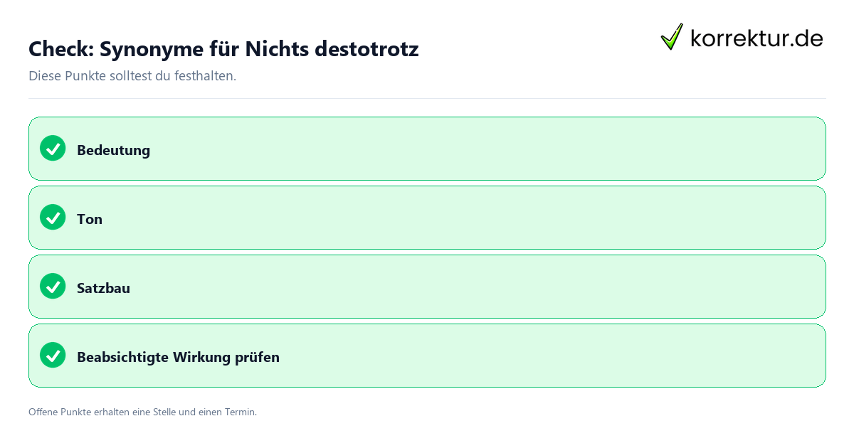 Synonyme für Nichts destotrotz mit Checkliste für Unterlagen und nächste Schritte