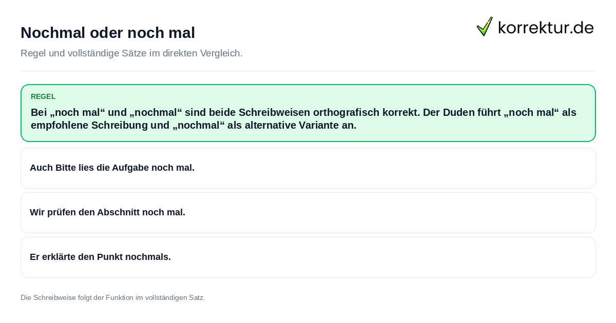 Nochmal oder noch mal Konkrete Regel und vollständige Beispielsätze zu Nochmal oder noch mal
