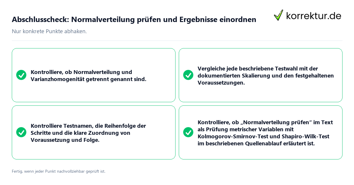 Konkreter Abschlusscheck zu Normalverteilung prüfen und Ergebnisse einordnen
