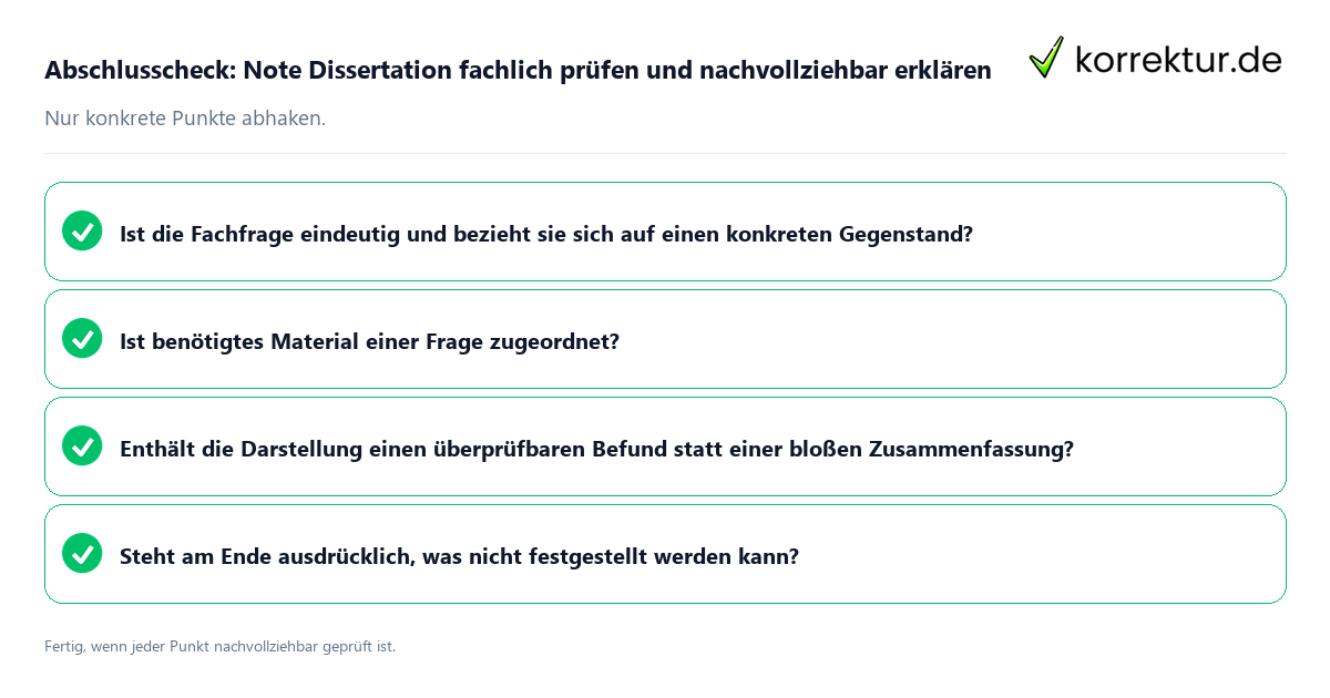 Konkreter Abschlusscheck zu Note Dissertation fachlich prüfen und nachvollziehbar erklären