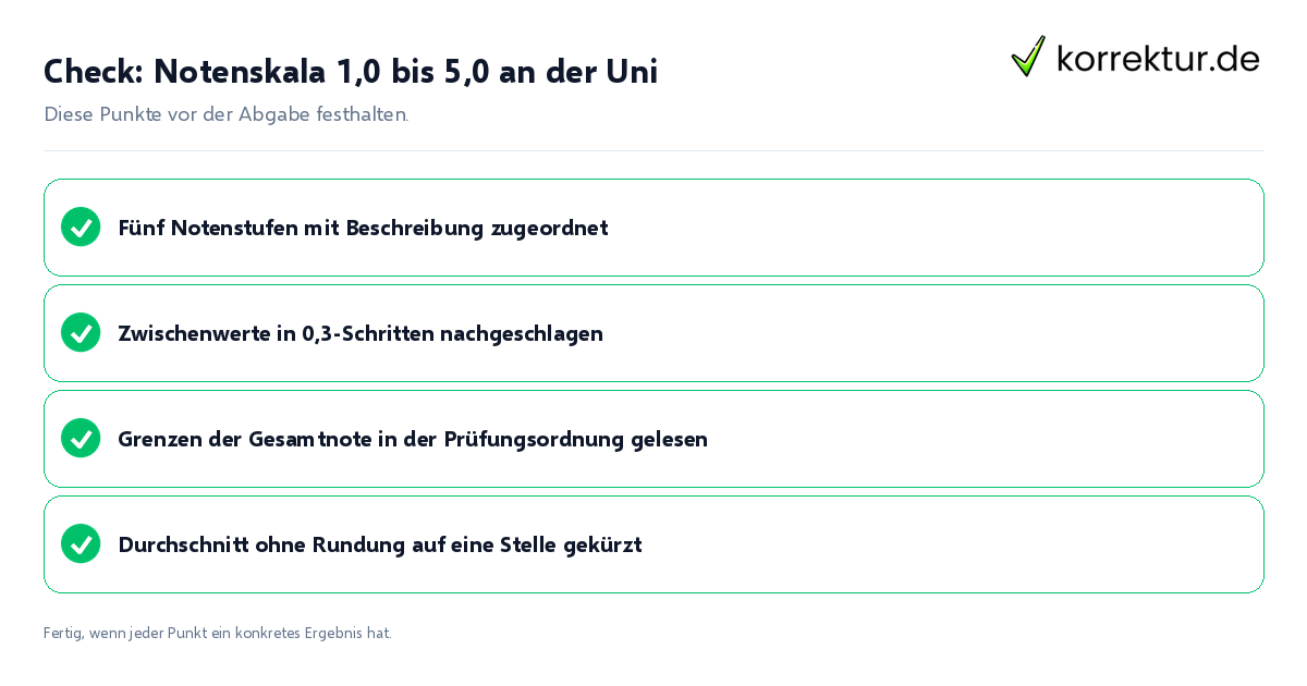 Check: Notenskala 1,0 bis 5,0 an der Uni Notenskala 1,0 bis 5,0 an der Uni: Prüfliste mit vier Punkten