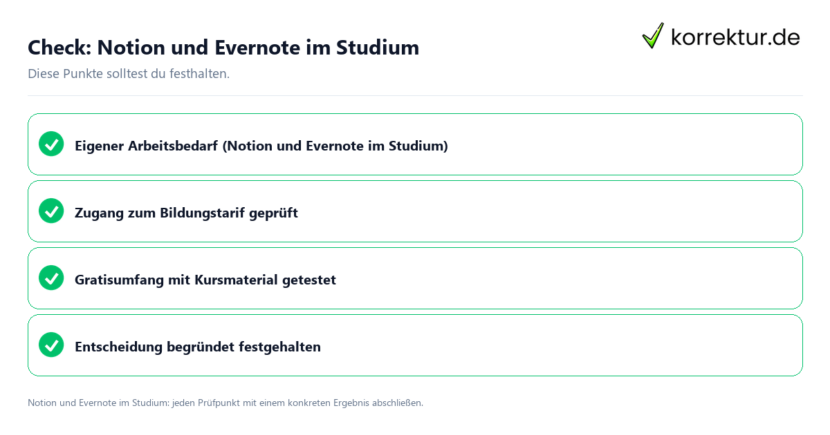 Notion und Evernote im Studium mit einer themenspezifischen Checkliste