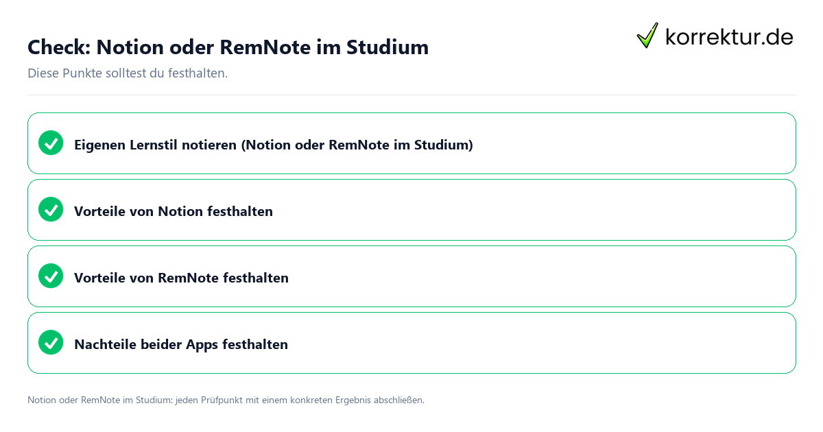 Notion oder RemNote im Studium mit einer themenspezifischen Checkliste