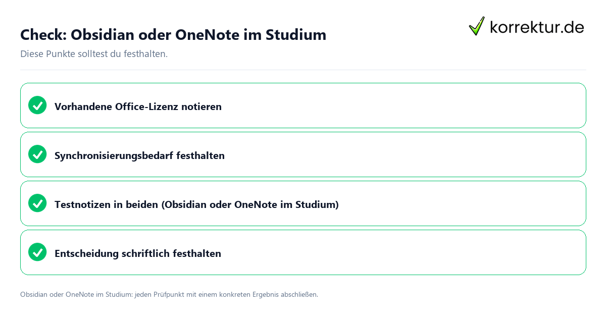 Obsidian oder OneNote im Studium mit einer themenspezifischen Checkliste