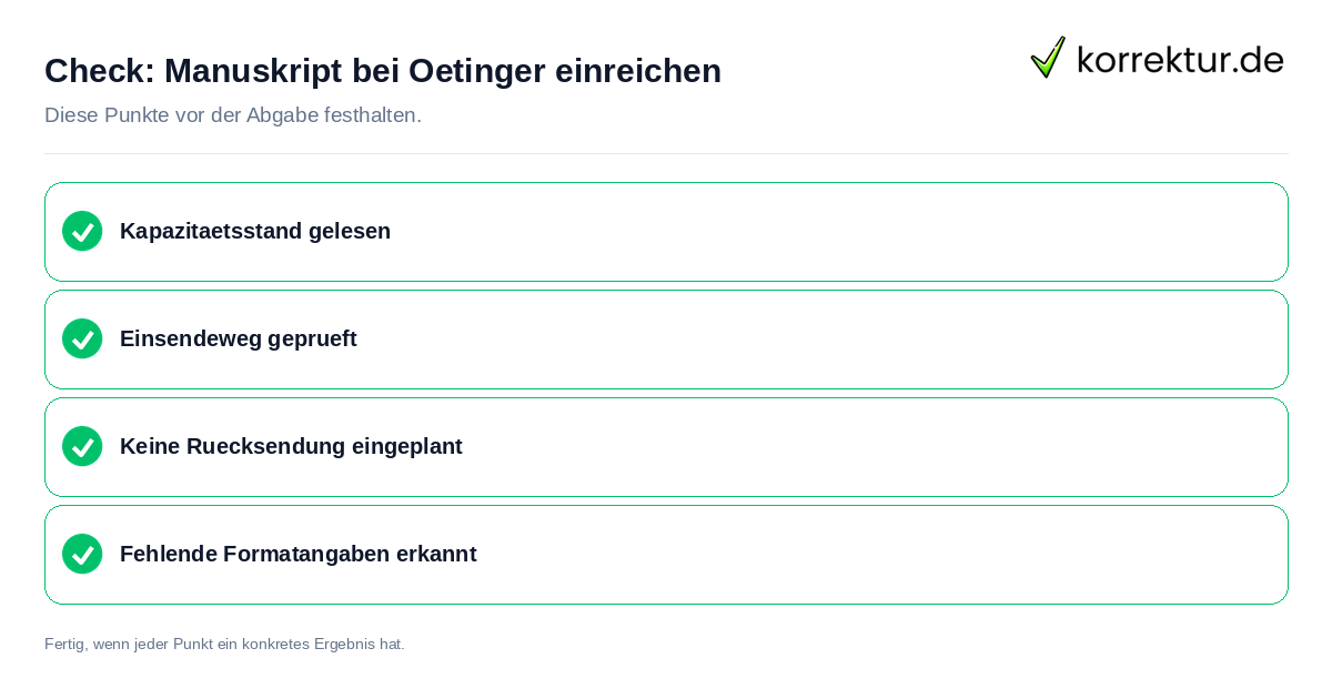 Manuskript bei Oetinger einreichen: Prüfliste mit vier Punkten