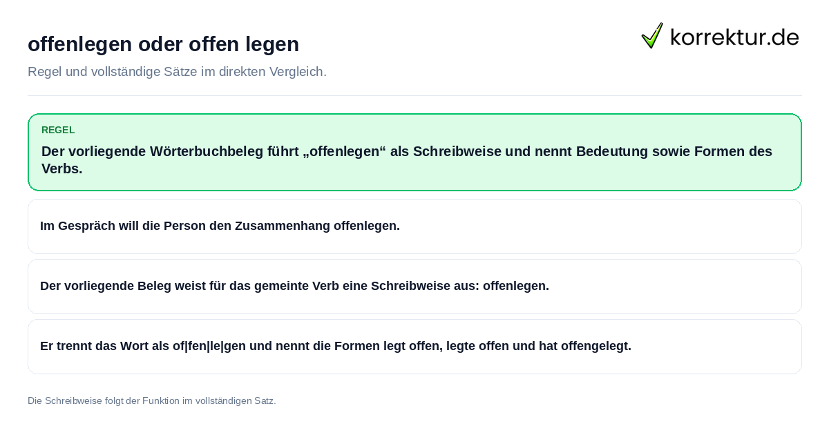 offenlegen oder offen legen Konkrete Regel und vollständige Beispielsätze zu offenlegen oder offen legen