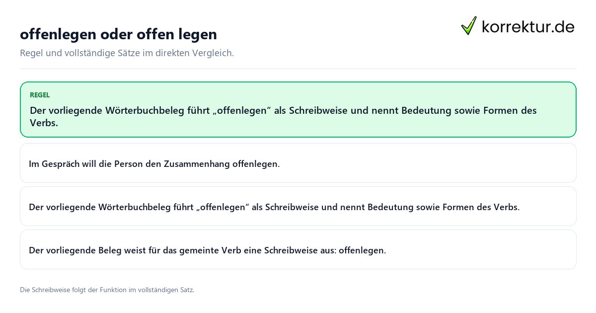 Konkrete Regel und vollständige Beispielsätze zu offenlegen oder offen legen