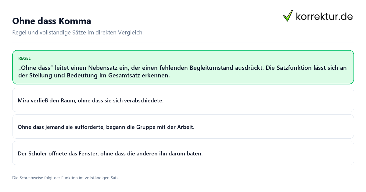 Ohne dass Komma Konkrete Regel und vollständige Beispielsätze zu Ohne dass Komma