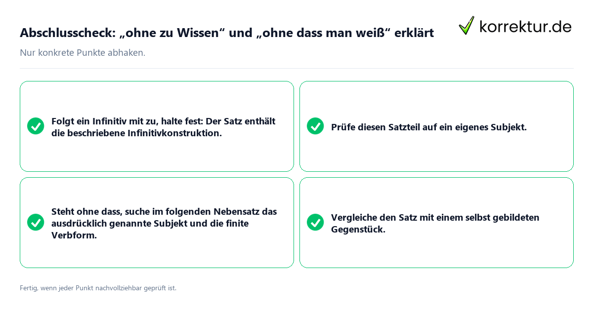 Konkreter Abschlusscheck zu „ohne zu Wissen“ und „ohne dass man weiß“ erklärt