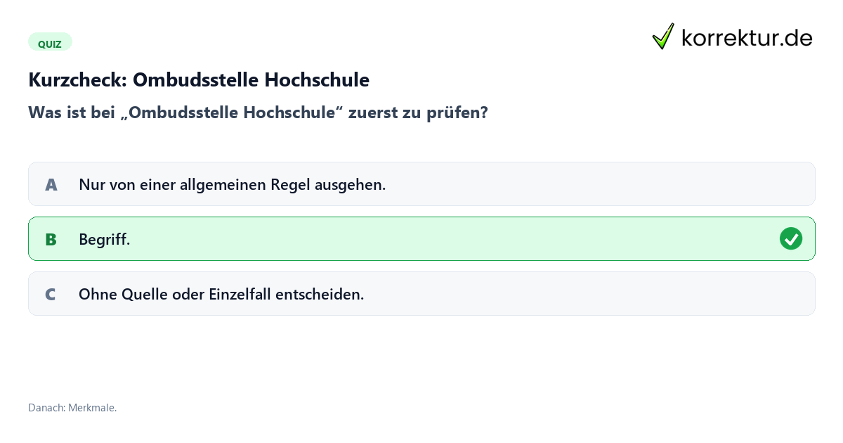 Ombudsstelle Hochschule mit einem Kurzquiz zum sinnvollen nächsten Schritt