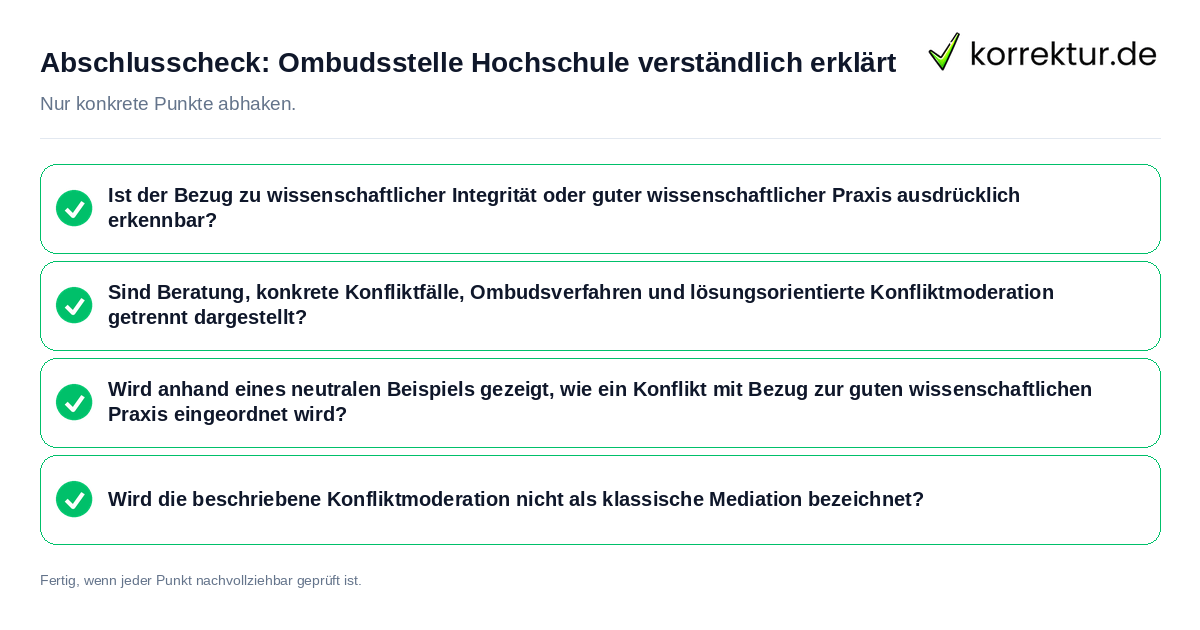 Abschlusscheck: Ombudsstelle Hochschule verständlich erklärt Konkreter Abschlusscheck zu Ombudsstelle Hochschule verständlich erklärt